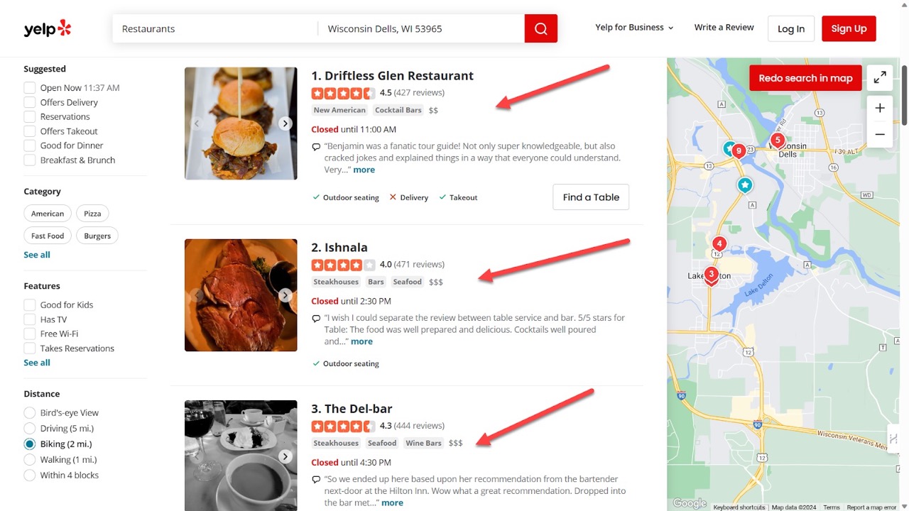 example of three businesses listed in similar ways on Yelp Large